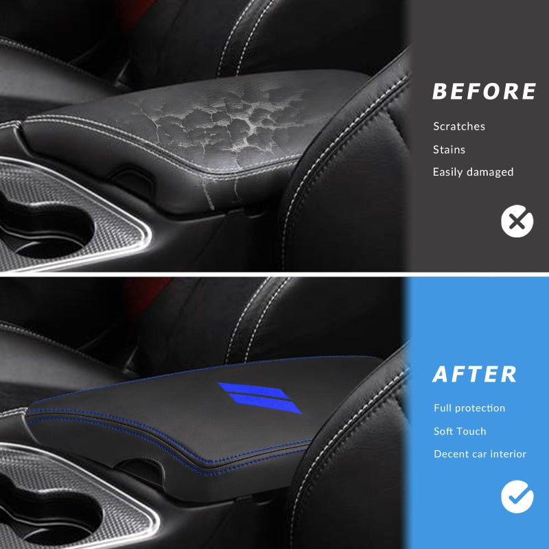 INTGET Car Center Console Cover for 2023 2022 Dodge Challenger Accessories 2021 2020 2019 2018 2017 2016 2015 Armrest Cover Interior Lid Protector (Blue Stitches  PU leather) - Image 2